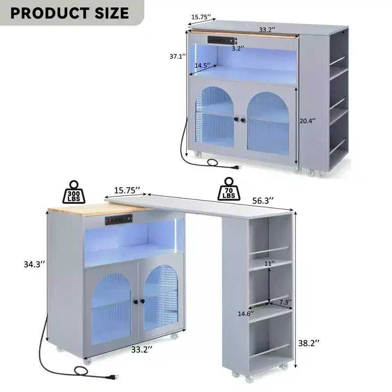 Isola da Cucina Mobile Paolo con Tavolo Rimovibile e Armadietto, Luce LED e Presa di Corrente