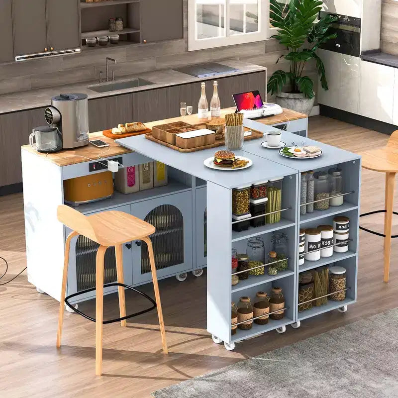 Isola da Cucina Mobile Paolo con Tavolo Rimovibile e Armadietto, Luce LED e Presa di Corrente