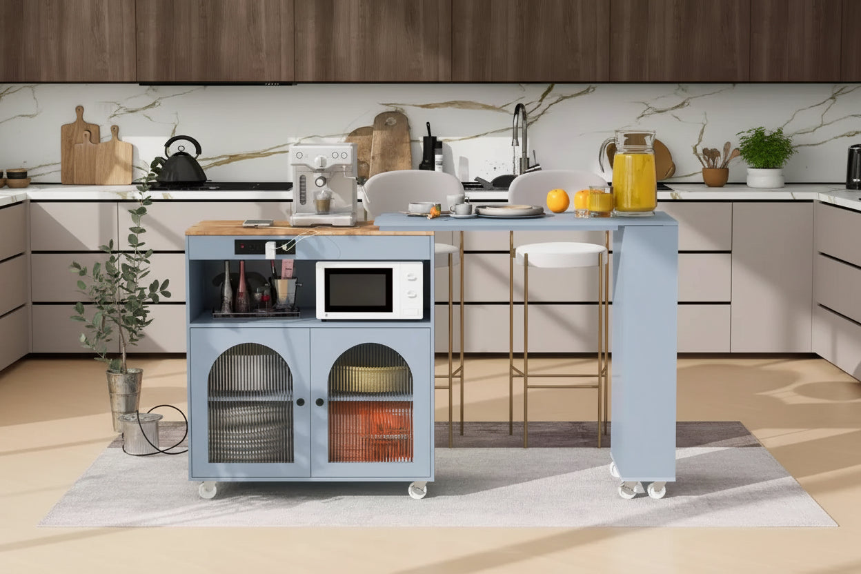 GDFStudio Paolo Modern Rolling Kitchen Island with Movable Table & Cabinet, LED Light and Power Outlet