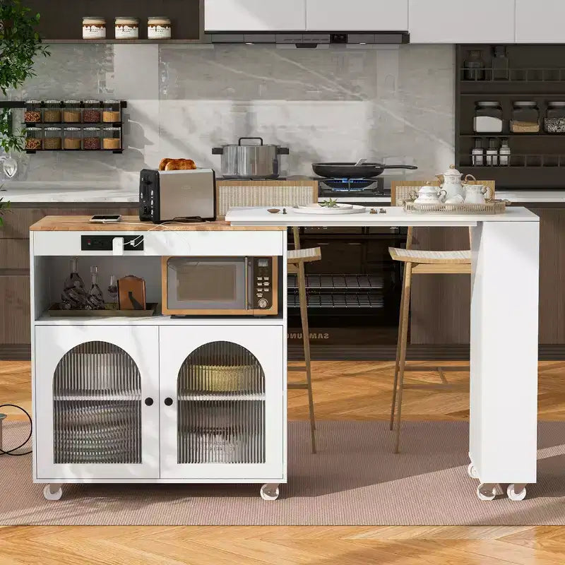 Isola da Cucina Mobile Paolo con Tavolo Rimovibile e Armadietto, Luce LED e Presa di Corrente