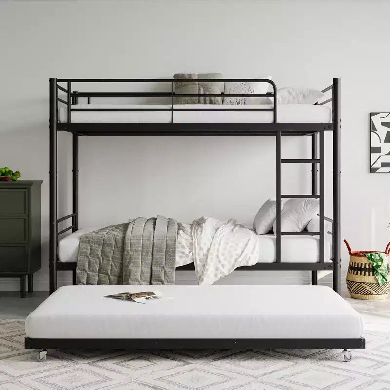 Twin over Twin Bunk Bed with Trundle, Metal Bunk Bed Frame with Ladder & Guardrails, Space Saving Bed for Teens Guests Small Bedrooms