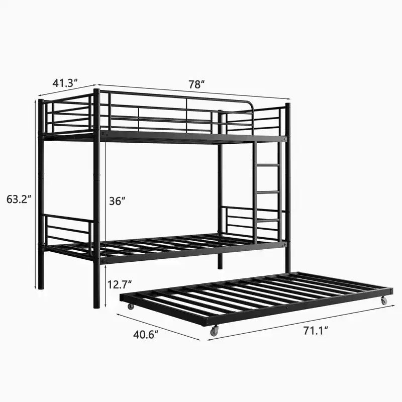 Letto a Castello in Metallo con Struttura e Rotelle Estraibili, con Scaletta e Sponde di Sicurezza, Salvaspazio per Adolescenti, Ospiti, Camere da Letto Piccole