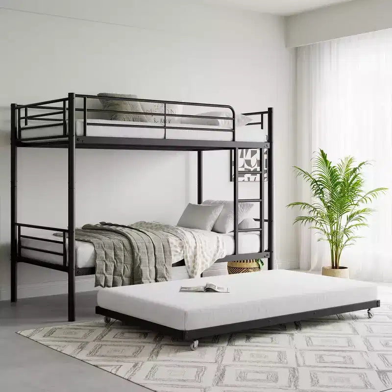 Letto a Castello in Metallo con Struttura e Rotelle Estraibili, con Scaletta e Sponde di Sicurezza, Salvaspazio per Adolescenti, Ospiti, Camere da Letto Piccole
