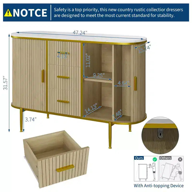 Credenza a Buffet, Mobile Bar da Caffè con Ante Scorrevoli Scanalate e 3 Cassetti, Tavolo Consolle in Legno, Armadio a Pavimento per Cucina