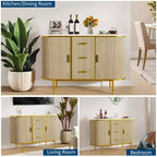 Credenza a Buffet, Mobile Bar da Caffè con Ante Scorrevoli Scanalate e 3 Cassetti, Tavolo Consolle in Legno, Armadio a Pavimento per Cucina