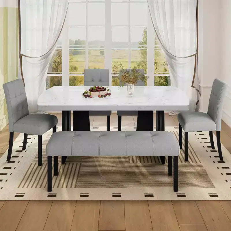 Panca da pranzo moderna trapuntata in lino, gambe in legno di gomma nere