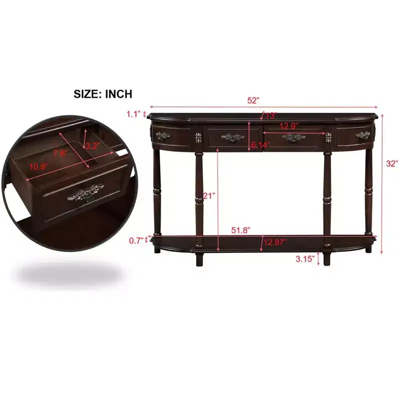 Tavolo Console Retrò Curvo con 2 Cassetti, Tavolino da Divano Stile Rustico con Gambe Romane e Ripiano Aperto, Tavolo d'Ingresso in Legno per Salotto, Corridoio