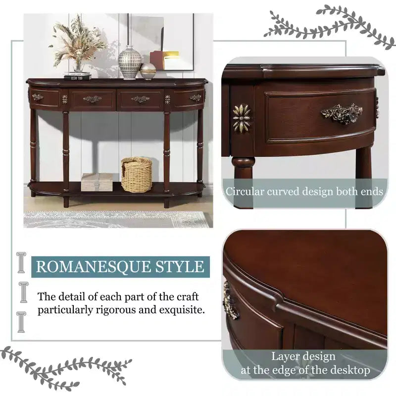 Tavolo Console Retrò Curvo con 2 Cassetti, Tavolino da Divano Stile Rustico con Gambe Romane e Ripiano Aperto, Tavolo d'Ingresso in Legno per Salotto, Corridoio