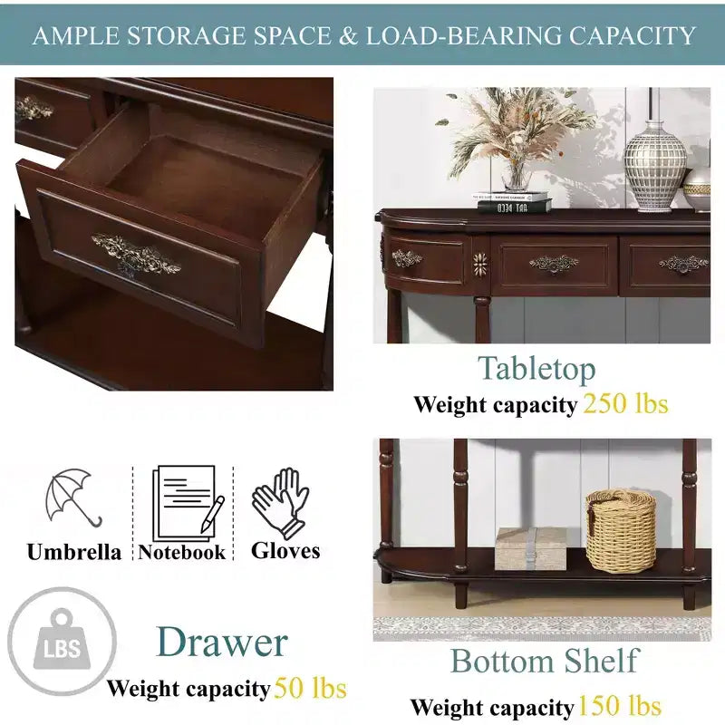 Tavolo Console Retrò Curvo con 2 Cassetti, Tavolino da Divano Stile Rustico con Gambe Romane e Ripiano Aperto, Tavolo d'Ingresso in Legno per Salotto, Corridoio
