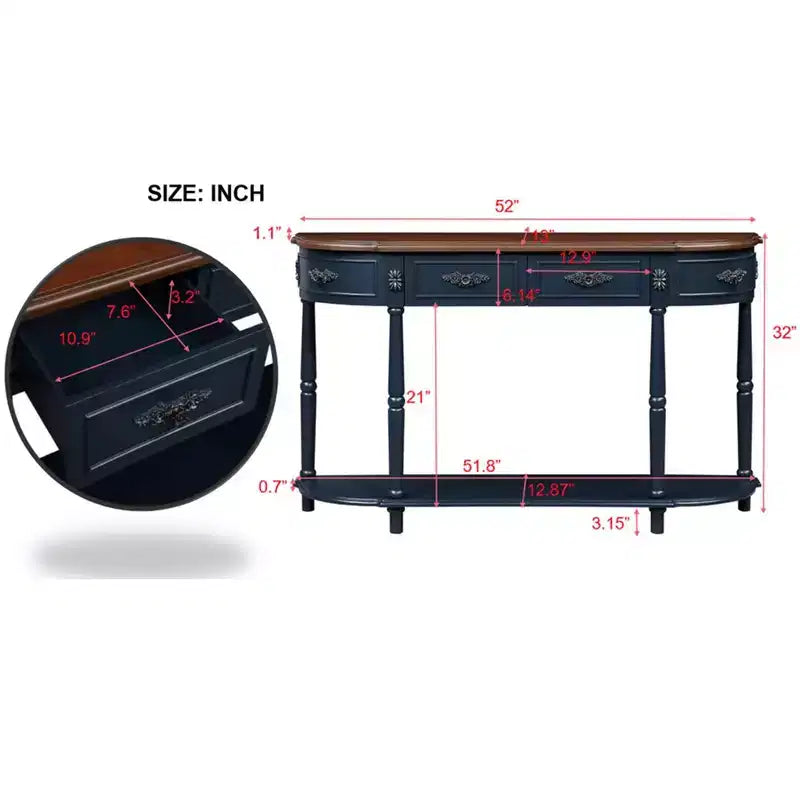 Tavolo Console Retrò Curvo con 2 Cassetti, Tavolino da Divano Stile Rustico con Gambe Romane e Ripiano Aperto, Tavolo d'Ingresso in Legno per Salotto, Corridoio
