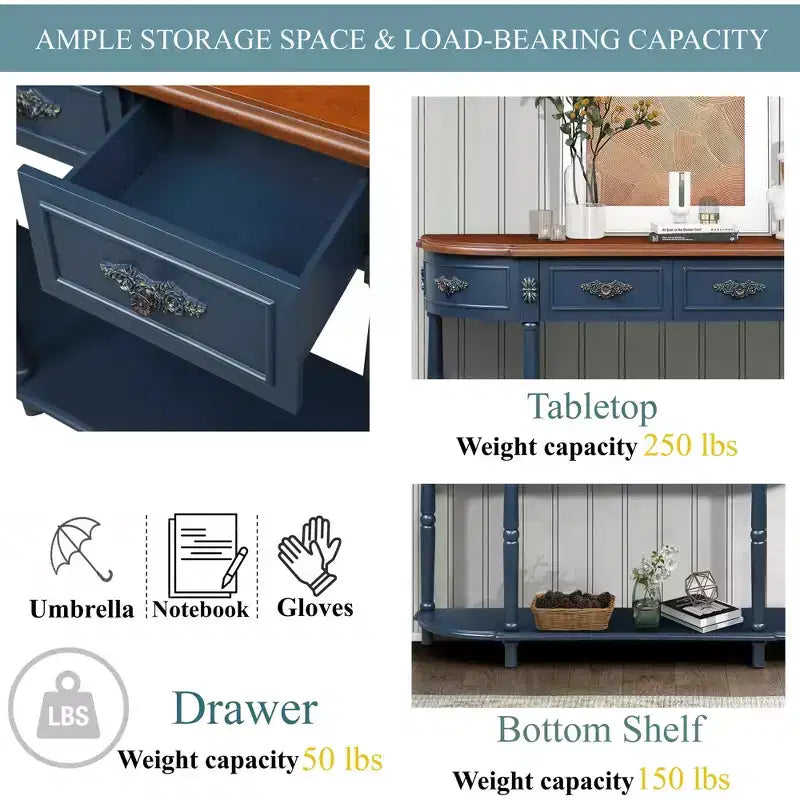 Tavolo Console Retrò Curvo con 2 Cassetti, Tavolino da Divano Stile Rustico con Gambe Romane e Ripiano Aperto, Tavolo d'Ingresso in Legno per Salotto, Corridoio