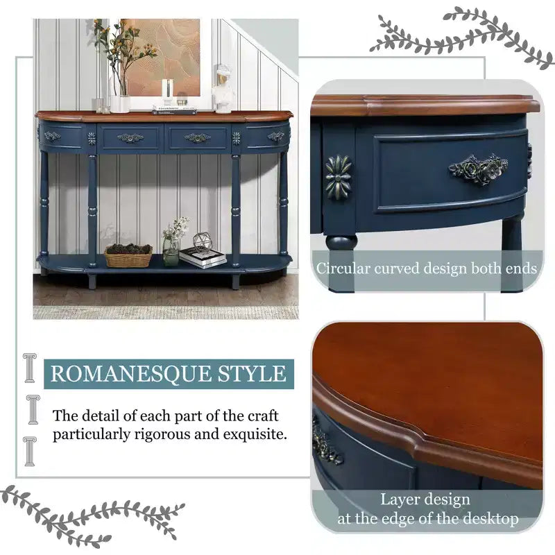 Tavolo Console Retrò Curvo con 2 Cassetti, Tavolino da Divano Stile Rustico con Gambe Romane e Ripiano Aperto, Tavolo d'Ingresso in Legno per Salotto, Corridoio