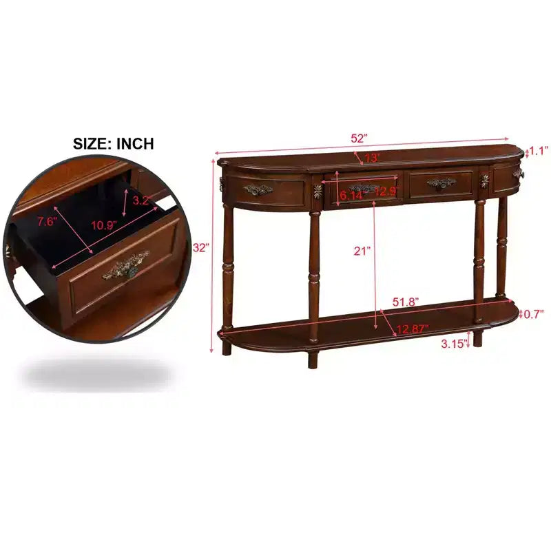 Tavolo Console Retrò Curvo con 2 Cassetti, Tavolino da Divano Stile Rustico con Gambe Romane e Ripiano Aperto, Tavolo d'Ingresso in Legno per Salotto, Corridoio