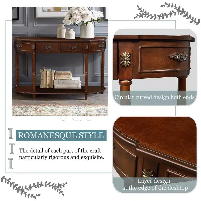 Tavolo Console Retrò Curvo con 2 Cassetti, Tavolino da Divano Stile Rustico con Gambe Romane e Ripiano Aperto, Tavolo d'Ingresso in Legno per Salotto, Corridoio