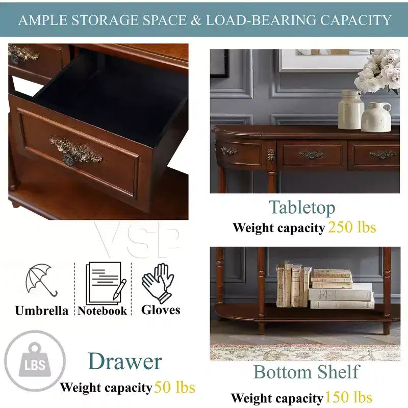 Tavolo Console Retrò Curvo con 2 Cassetti, Tavolino da Divano Stile Rustico con Gambe Romane e Ripiano Aperto, Tavolo d'Ingresso in Legno per Salotto, Corridoio