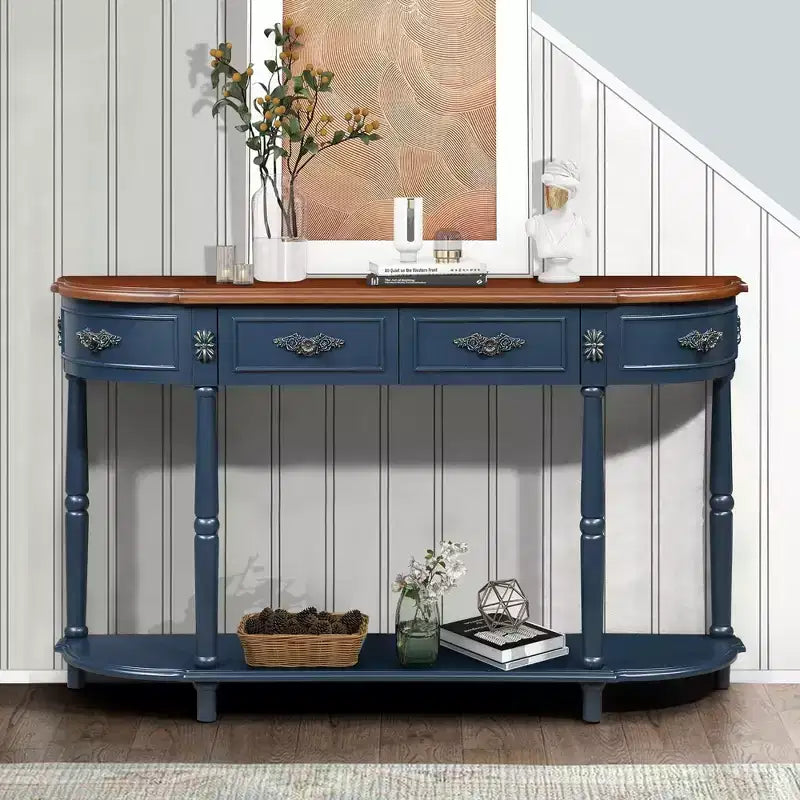 TUYOHW Retro Curved Console Table with 2 Drawers, Farmhouse Sofa Table with Roman Legs & Open Shelf,Wood Entryway Table for Living Room,Hallway