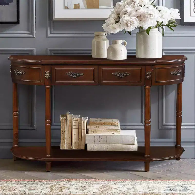 Tavolo Console Retrò Curvo con 2 Cassetti, Tavolino da Divano Stile Rustico con Gambe Romane e Ripiano Aperto, Tavolo d'Ingresso in Legno per Salotto, Corridoio