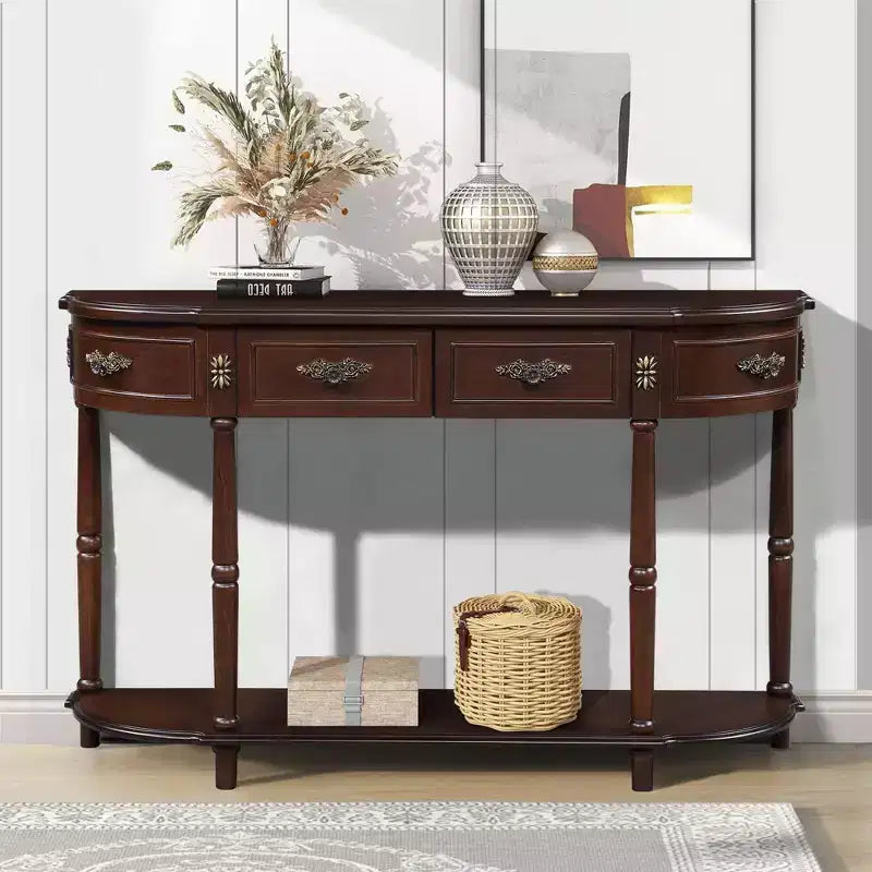 Tavolo Console Retrò Curvo con 2 Cassetti, Tavolino da Divano Stile Rustico con Gambe Romane e Ripiano Aperto, Tavolo d'Ingresso in Legno per Salotto, Corridoio