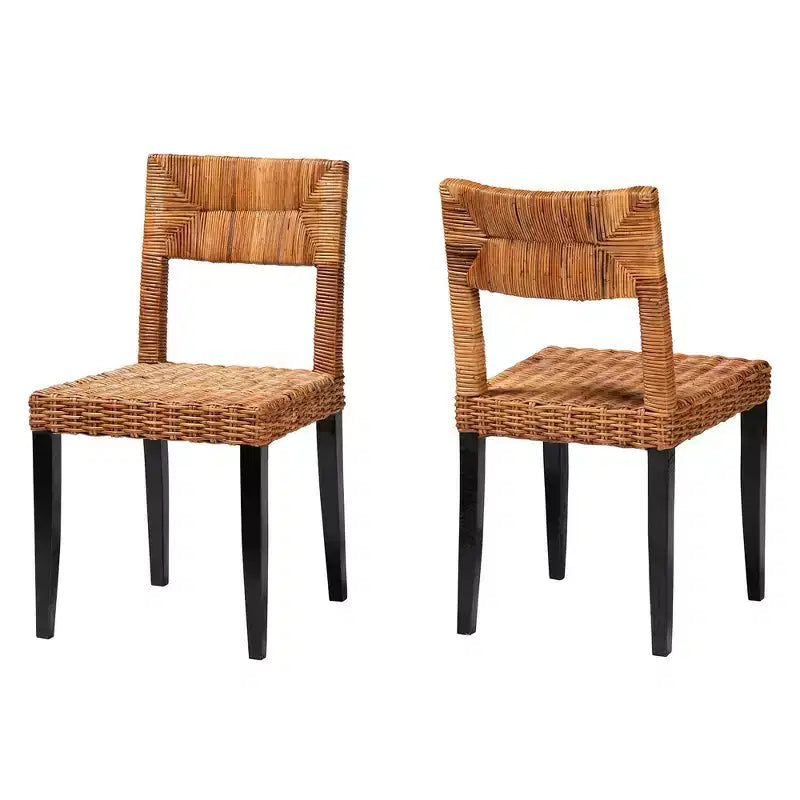 Sedia da pranzo Manrico in legno e rattan naturale Marrone Scuro/Marrone Naturale: Stile Bohemien, Intreccio Geometrico, Nessun Montaggio Richiesto