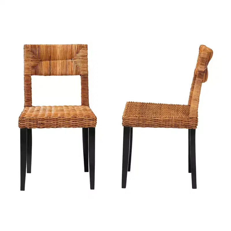 Sedia da pranzo Manrico in legno e rattan naturale Marrone Scuro/Marrone Naturale: Stile Bohemien, Intreccio Geometrico, Nessun Montaggio Richiesto