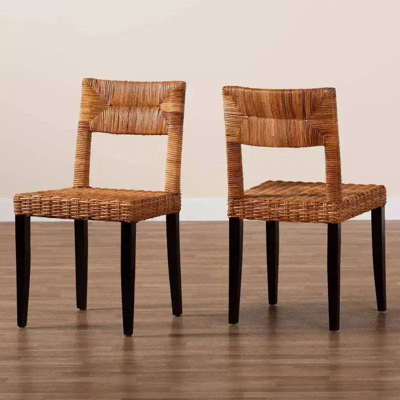 Sedia da pranzo Manrico in legno e rattan naturale Marrone Scuro/Marrone Naturale: Stile Bohemien, Intreccio Geometrico, Nessun Montaggio Richiesto