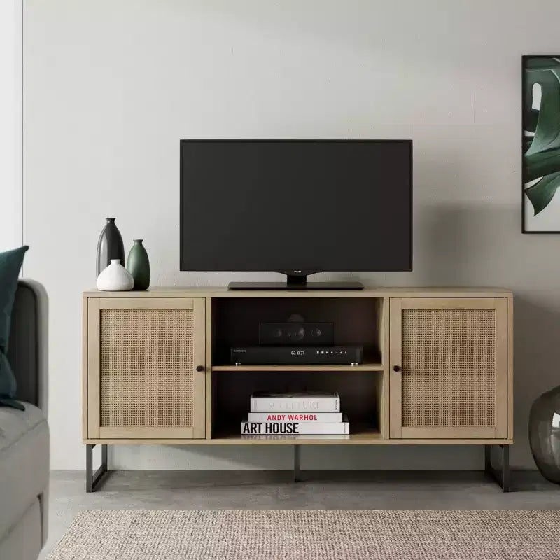 Mobile TV Mina in Rattan e Legno con 2 Ante, 119 cm, per TV fino a 150 cm, Rovere Chiaro/Nero Opaco: Mobile TV con Contenitore