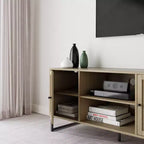 Mobile TV Mina in Rattan e Legno con 2 Ante, 119 cm, per TV fino a 150 cm, Rovere Chiaro/Nero Opaco: Mobile TV con Contenitore