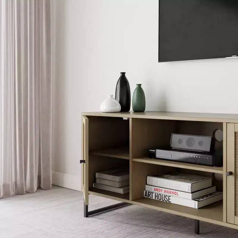 Mobile TV Mina in Rattan e Legno con 2 Ante, 119 cm, per TV fino a 150 cm, Rovere Chiaro/Nero Opaco: Mobile TV con Contenitore