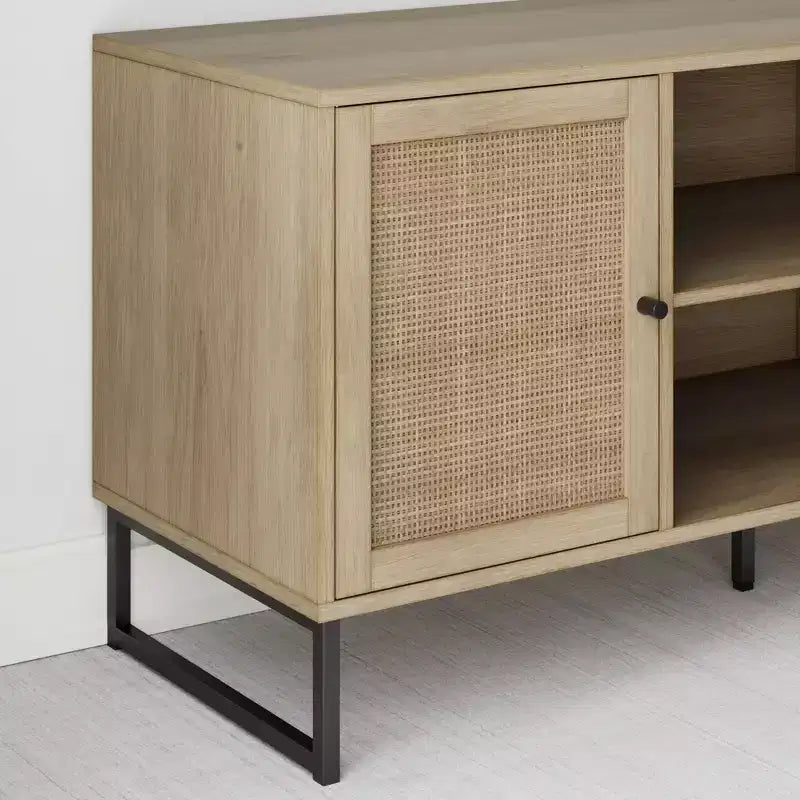Mobile TV Mina in Rattan e Legno con 2 Ante, 119 cm, per TV fino a 150 cm, Rovere Chiaro/Nero Opaco: Mobile TV con Contenitore