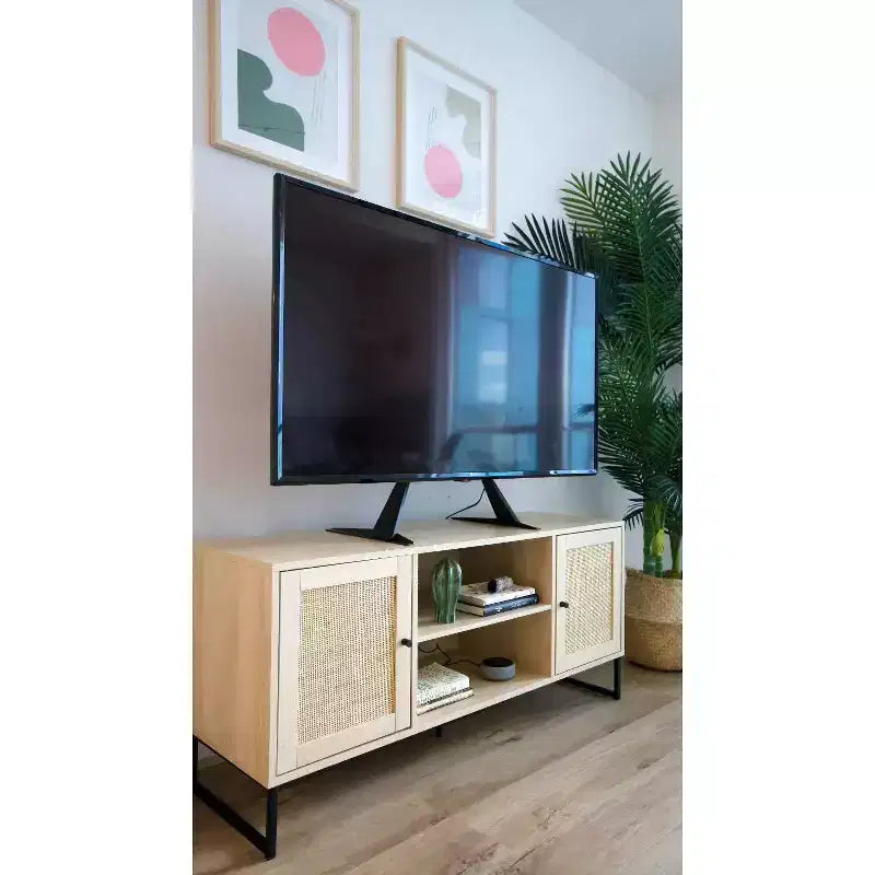 Mobile TV Mina in Rattan e Legno con 2 Ante, 119 cm, per TV fino a 150 cm, Rovere Chiaro/Nero Opaco: Mobile TV con Contenitore