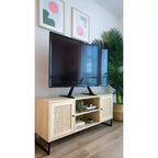 Mobile TV Mina in Rattan e Legno con 2 Ante, 119 cm, per TV fino a 150 cm, Rovere Chiaro/Nero Opaco: Mobile TV con Contenitore