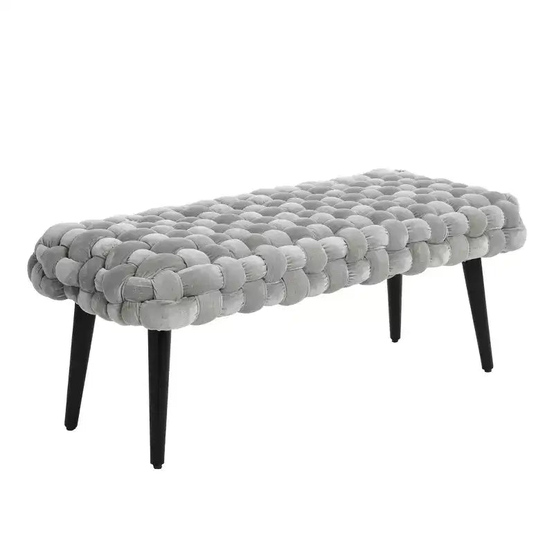 Panca da ingresso in velluto grigio: Pouf imbottito, Struttura in acacia, Lunghezza 113 cm