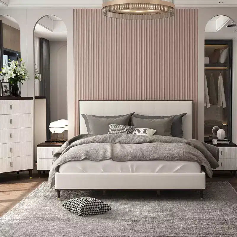 Letto Queen 163,20 cm Carena in Tessuto Grigio Chiaro con Finitura Bianco Marrone: Testiera Imbottita, Struttura in Legno, Richiesto Box Spring