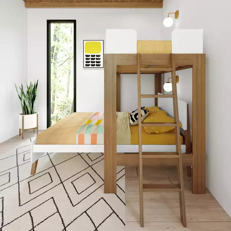 Letto a castello a L Mid-Century Modern Twin su Full, in legno massello