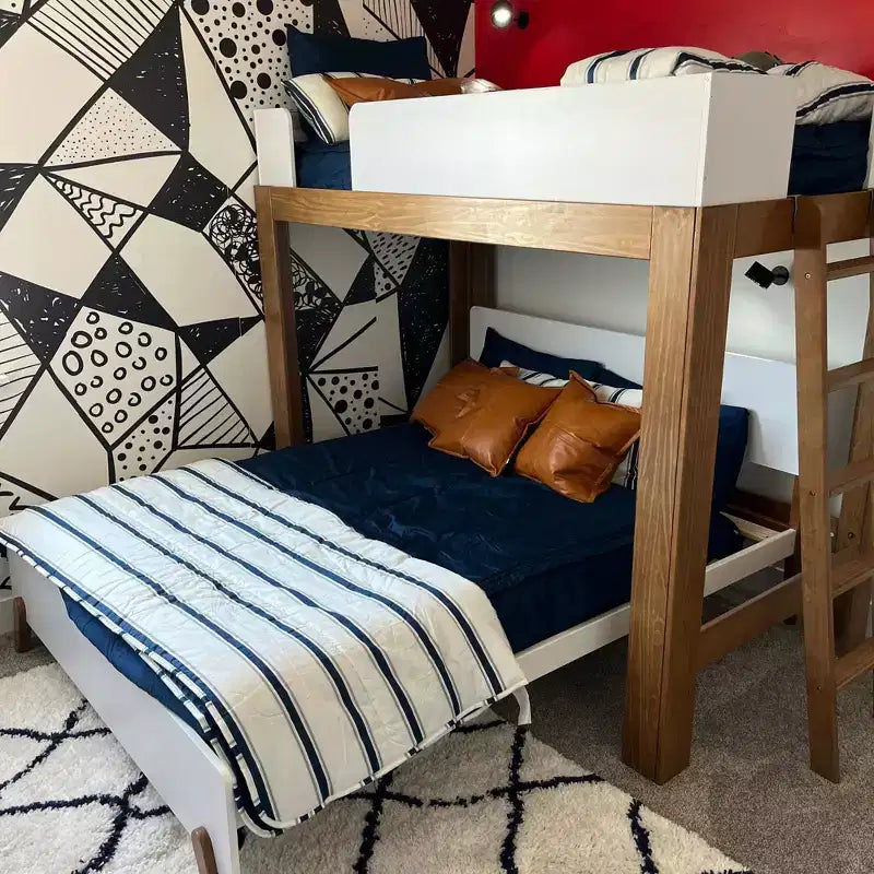 Letto a castello a L Mid-Century Modern Twin su Full, in legno massello