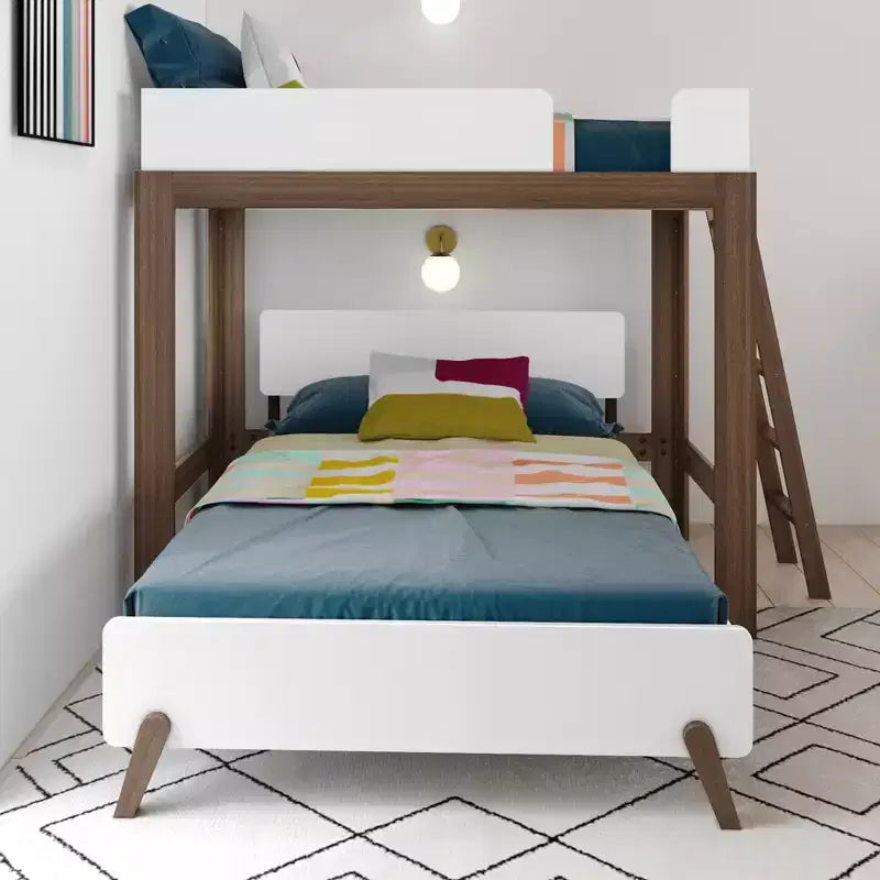 Letto a castello a L Mid-Century Modern Twin su Full, in legno massello