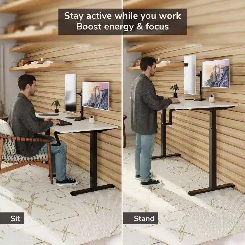 Telaio scrivania sit-stand a manovella con piano - Bianco e Nero