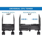 Mount-It! Supporto per CPU scorrevole con ruote | Carrello per computer desktop resistente con ventilazione e larghezza regolabile da 12,3 cm a 21,5 cm | Acciaio