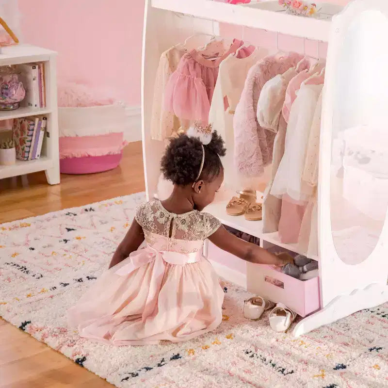 Guardaroba per vestiti per bambini - Bianco: Armadio per giochi di finzione, armadio per costumi e organizer per vestiti con specchio e appendiabiti
