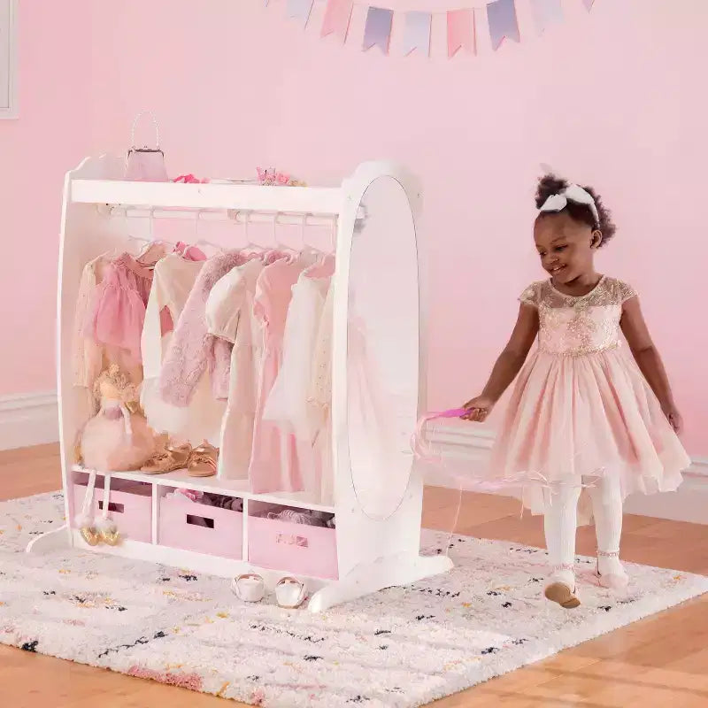 Guardaroba per vestiti per bambini - Bianco: Armadio per giochi di finzione, armadio per costumi e organizer per vestiti con specchio e appendiabiti