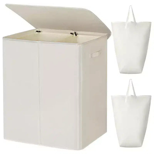 WOWLIVE 154-Liter Fabric 2-Section Collapsible Double Laundry Basket Storage Hamper with Lid and Removable Bags for Bedroom, Dorm, and Bathroom