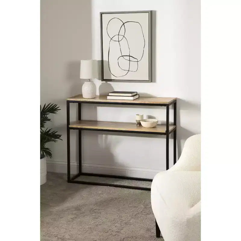 Tavolo Consolle Rettangolare Quarles in Legno, 36x10x30, Naturale e Nero