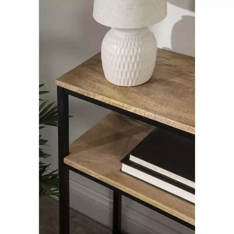 Tavolo Consolle Rettangolare Quarles in Legno, 36x10x30, Naturale e Nero
