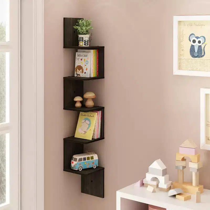 Scaffale a 5 ripiani a forma di S ad angolo, libreria espositiva, Espresso