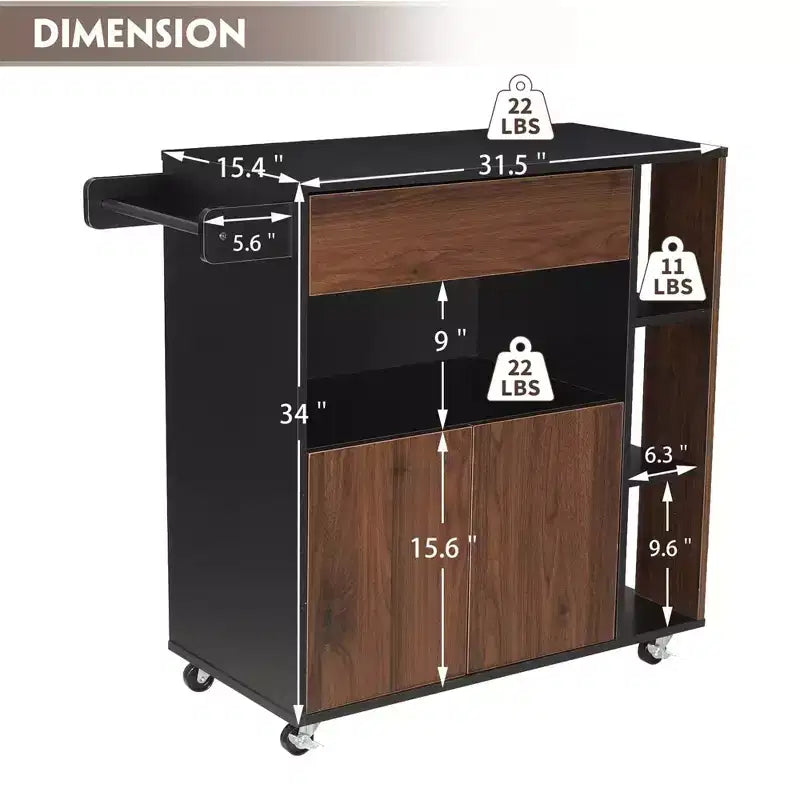 Carrello da cucina con isola, rotelle, cassetti e portasciugamani