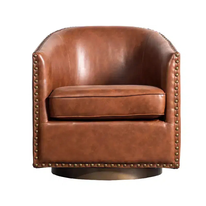 Poltrona Myles stile club commerciale con base girevole in metallo a 360° e rivestimento con borchie decorative