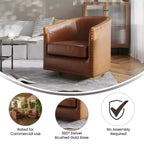 Poltrona Myles stile club commerciale con base girevole in metallo a 360° e rivestimento con borchie decorative