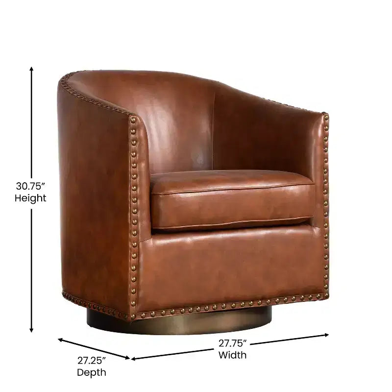 Poltrona Myles stile club commerciale con base girevole in metallo a 360° e rivestimento con borchie decorative