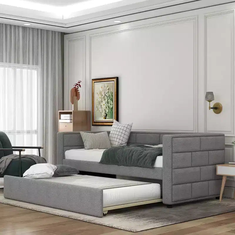 Twin Size Daybed with Trundle Bed and Padded Back, Gray-ModernLuxe