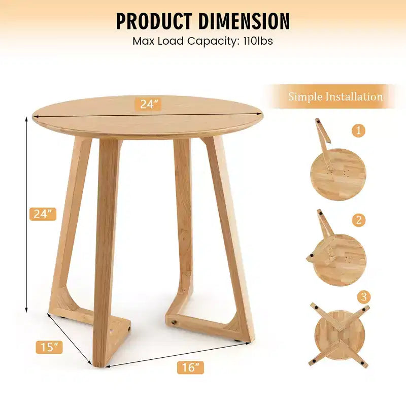 Tavolino rotondo 24" in legno massello di Hevea, tavolino da salotto/comodino per piccoli spazi, marrone/naturale